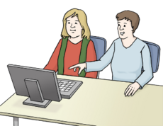 Piktogramm: Zwei Personen vor einem Computer