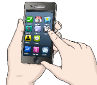 Piktogramm: Smartphone mit Apps und tippender Hand