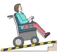 Piktogramm: E-Rollstuhlfahrerin auf Rampe