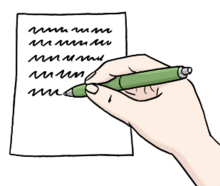 Piktogramm: Notizzettel mit schreibender Hand