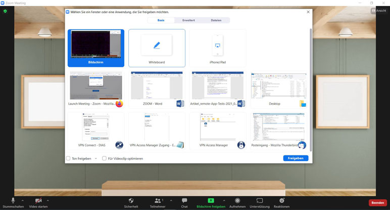 Screenshot: Dialogfenster, das sich einblendet, wenn man in Zoom den Bildschirm teilt. Neben verschiedenen Desktop-Anwendungen kann man auch eine Kachel mit iPhone/iPad auswählen.
