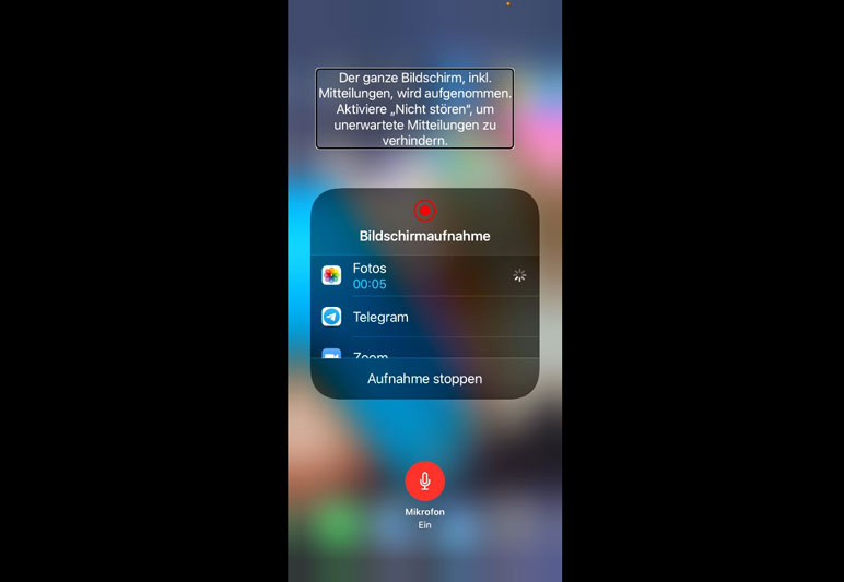 Screenshot iPhone: Dialog mit dem Titel "Bildschirmaufnahme" und unten ein Button mit Mikrofon "Mikrofon ein".
