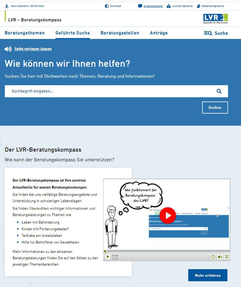 Screenshot des LVR-Beratungskompass, im Mittelpunkt ein blau hinterlegtes Suchfeld