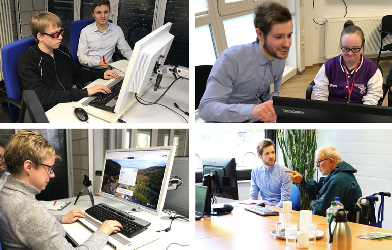 Collage aus 4 Aufnahmen von Testsituationen mit Nutzern mit Behinderungen