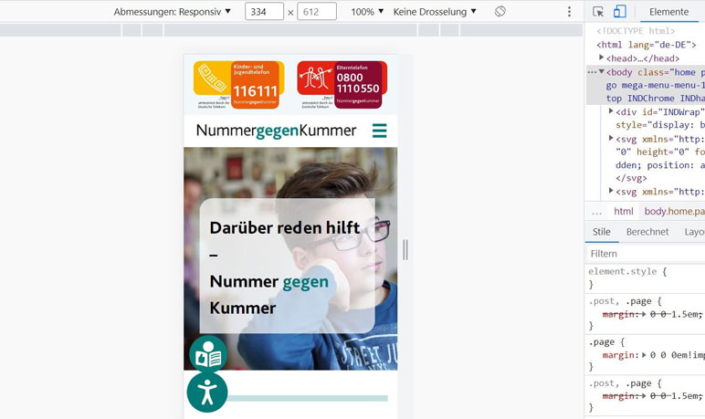 Screenshot einer responsiven Ansicht im Inspektor