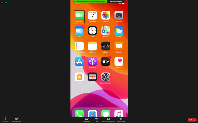 Screenshot des übertragenen Smartphone-Bildschirms in Zoom: Startseite mit verschiedenen Apps.