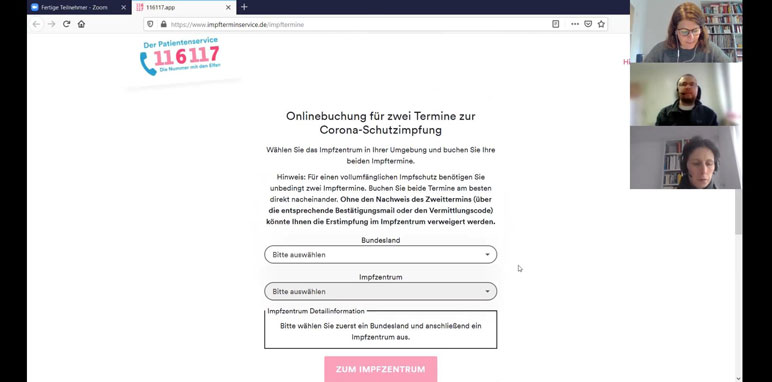 Screenshot des geteilten Bildschirms mit der Webseite impfterminservice.de und kleinen Bildern der Teilnehmenden